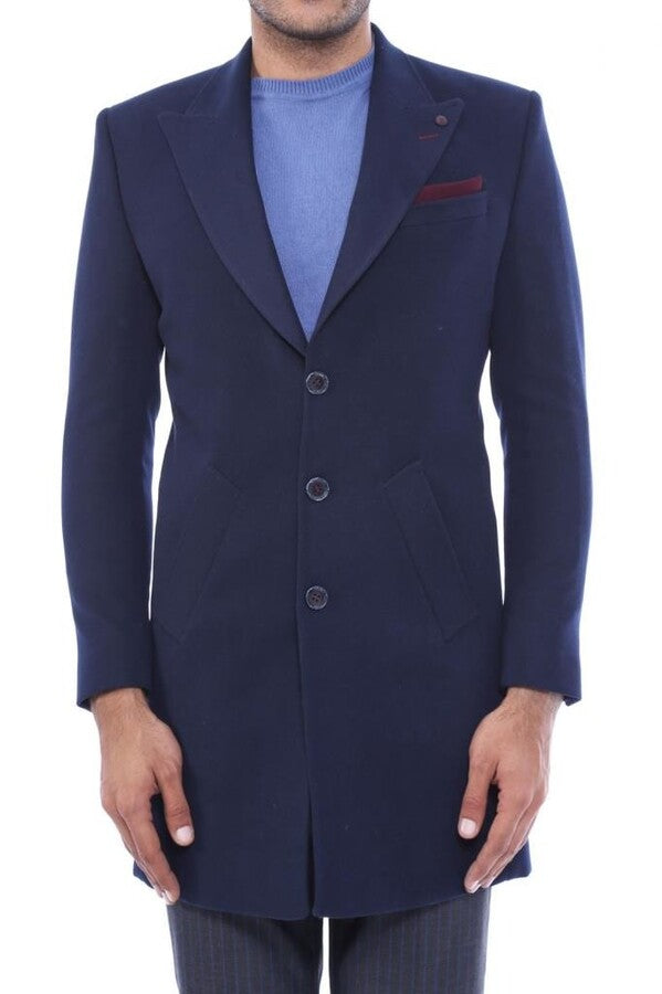 Wide Pointed Collar Over Knee Navy Blue Men Coat - Wessi