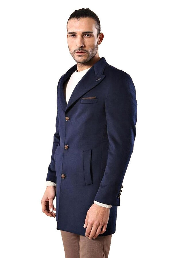 Wide Pointed Collar Over Knee Navy Blue Men Coat - Wessi