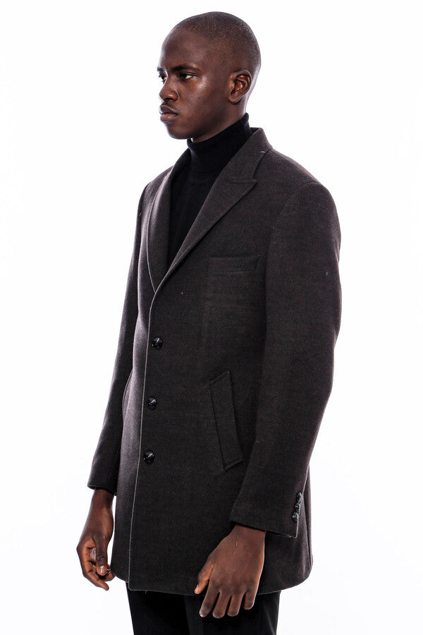 Wide Pointed Collar Smoked Over Knee Men Coat - Wessi