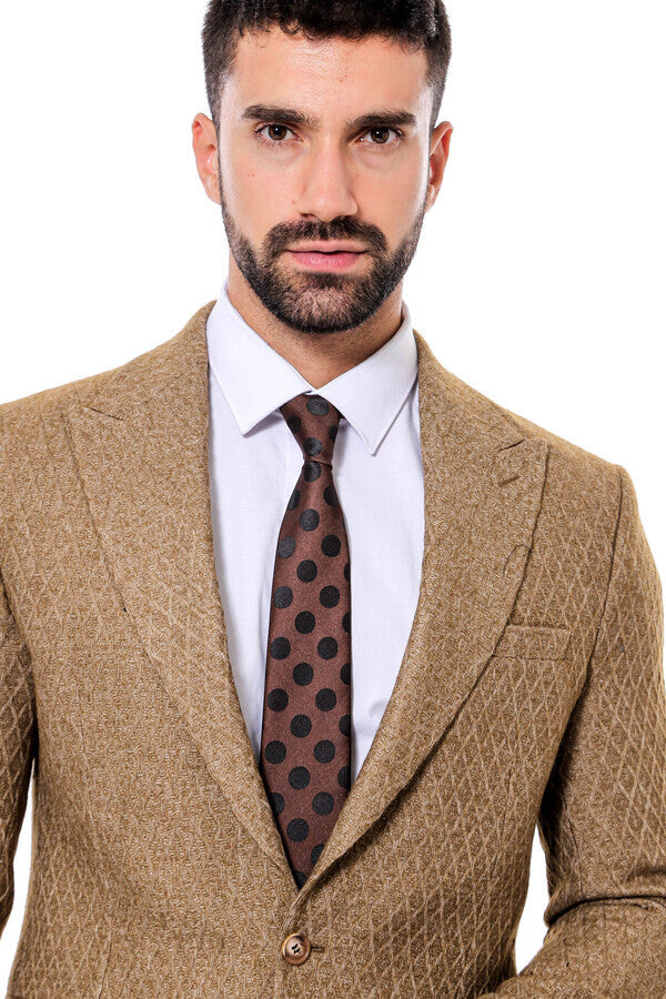 Blazer de hombre en color marrón claro ajustado con estampado de lana - Wessi