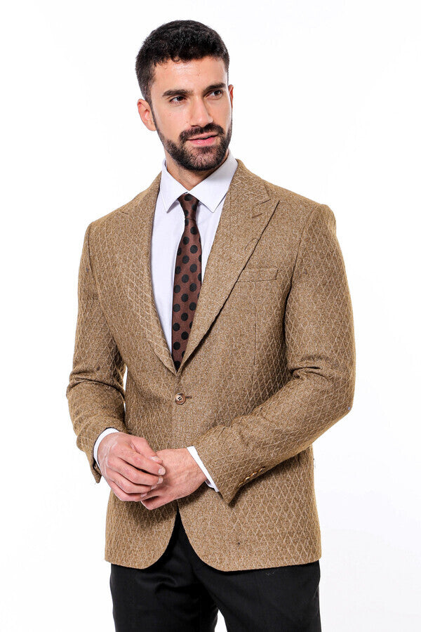 Wool Patterned Slim Fit Light Brown Men Blazer - Wessi