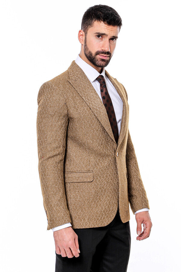 Wool Patterned Slim Fit Light Brown Men Blazer - Wessi