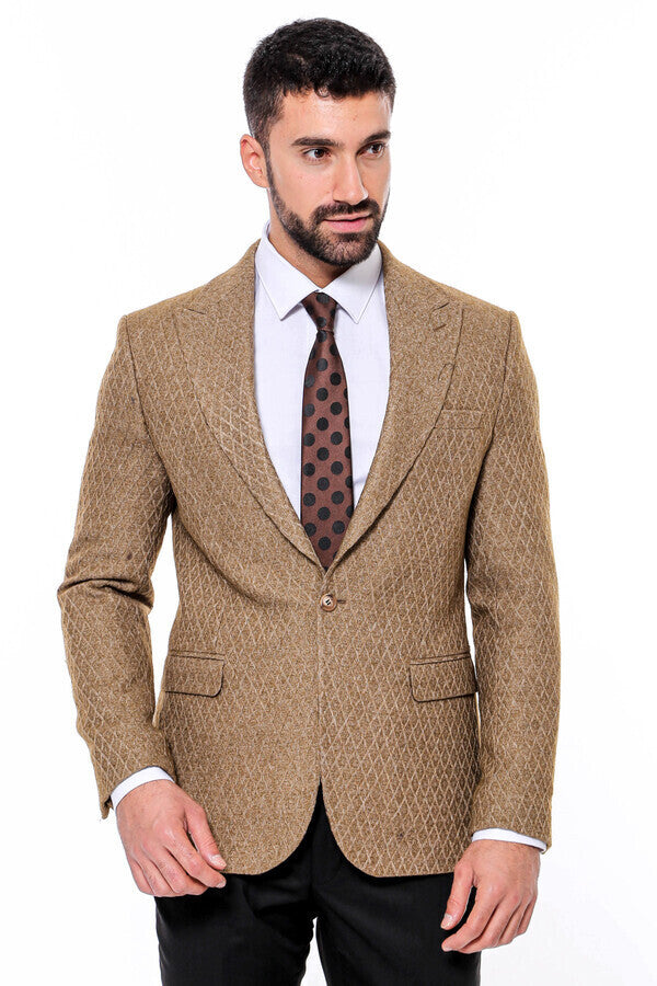 Blazer de hombre en color marrón claro ajustado con estampado de lana - Wessi