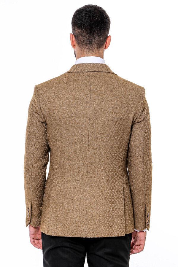 Wool Patterned Slim Fit Light Brown Men Blazer - Wessi