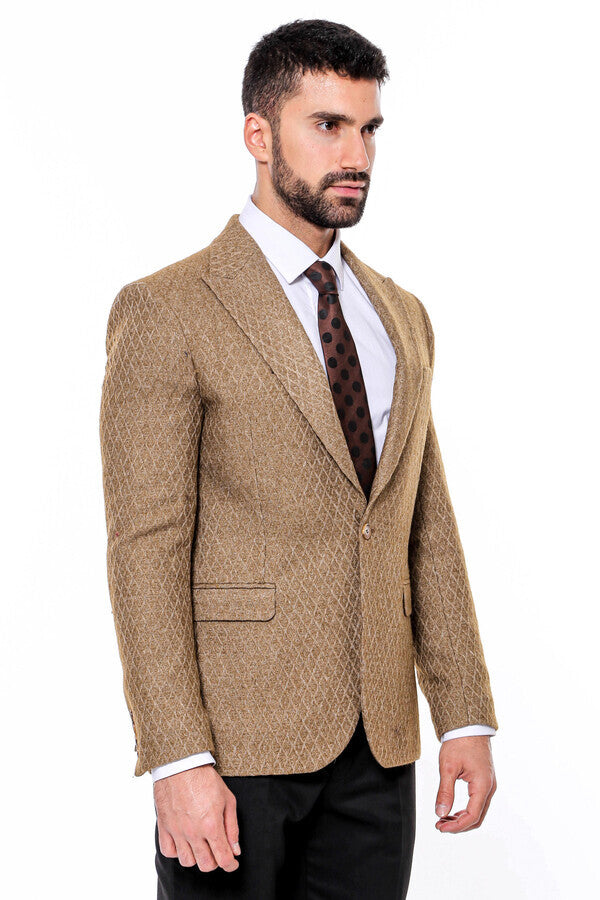 Blazer de hombre en color marrón claro ajustado con estampado de lana - Wessi