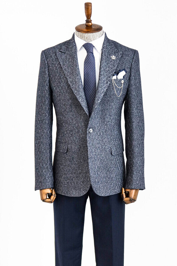 Wool Patterned Slim-Fit Navy Blue Men Blazer - Wessi