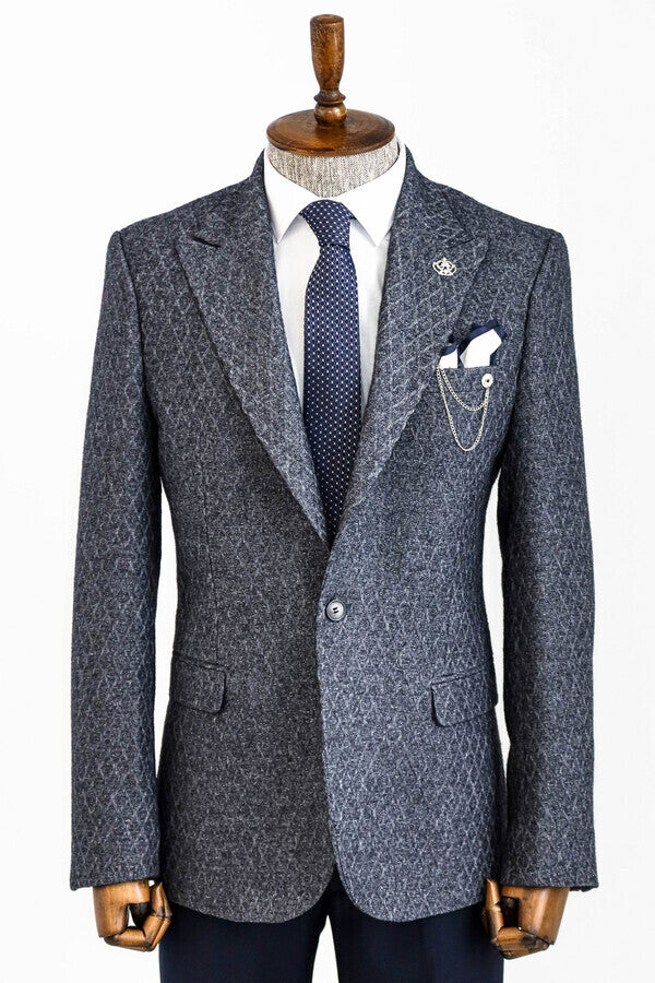 Wool Patterned Slim-Fit Navy Blue Men Blazer - Wessi