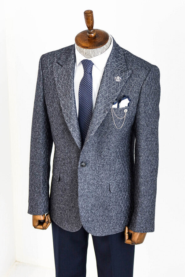 Wool Patterned Slim-Fit Navy Blue Men Blazer - Wessi