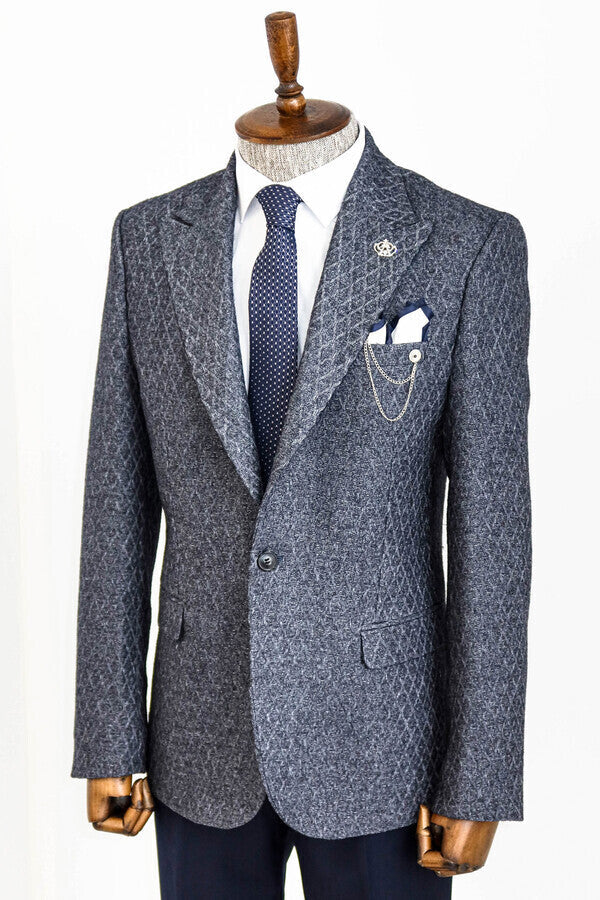 Wool Patterned Slim-Fit Navy Blue Men Blazer - Wessi