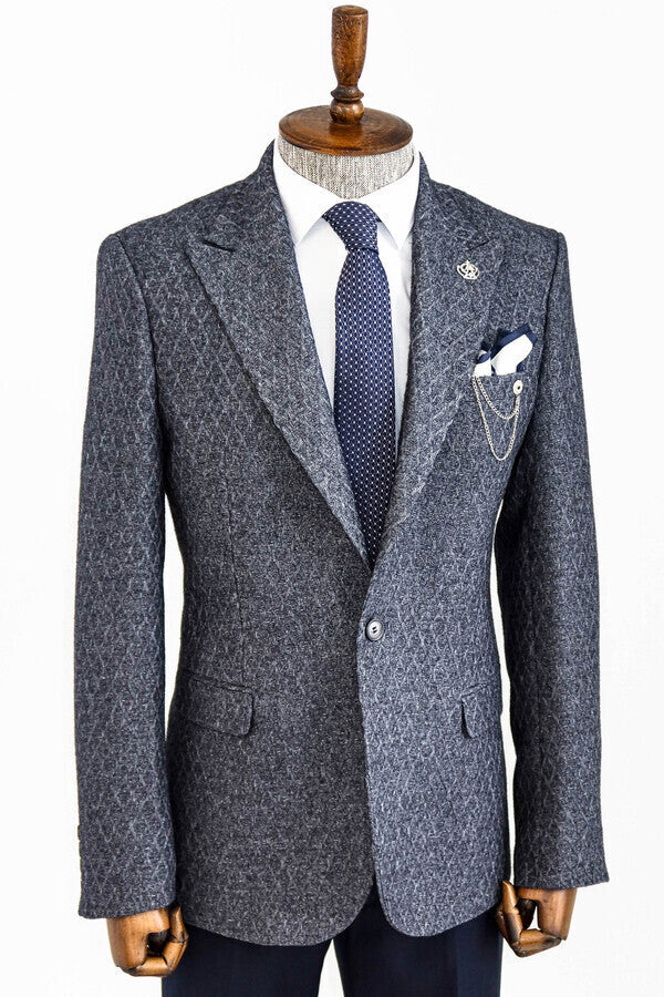 Wool Patterned Slim-Fit Navy Blue Men Blazer - Wessi