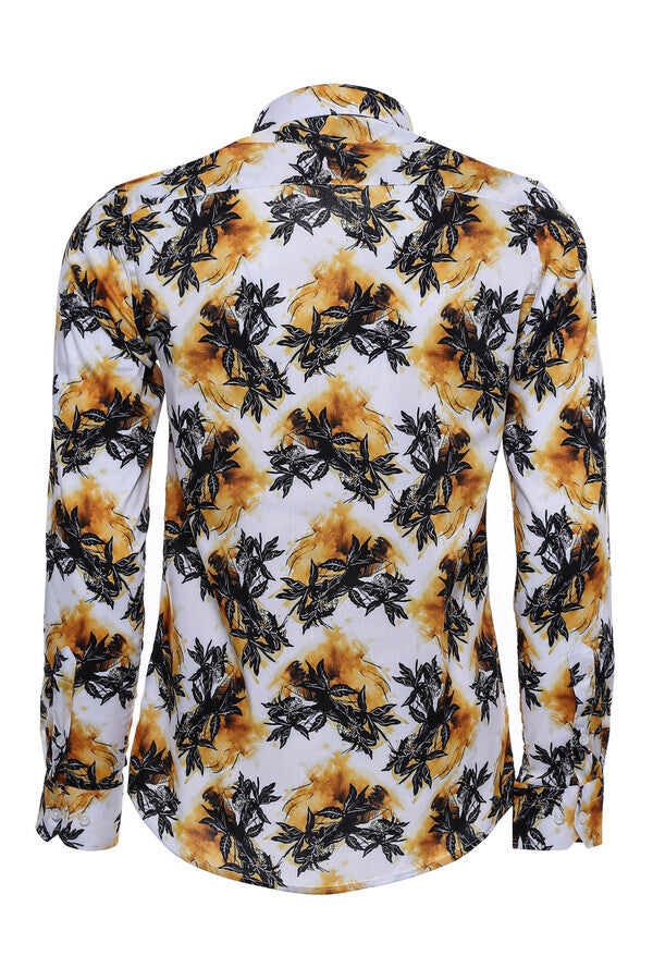 Yellow Black Leaf Patterned Long Sleeves White Men Shirt - Wessi