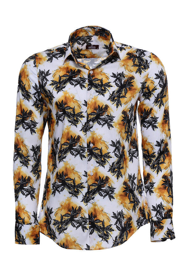 Yellow Black Leaf Patterned Long Sleeves White Men Shirt - Wessi