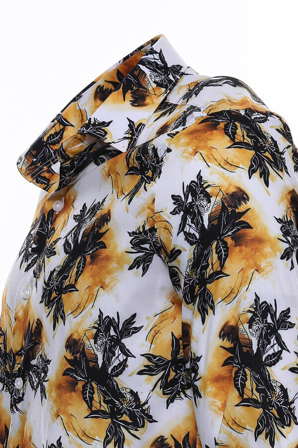 Yellow Black Leaf Patterned Long Sleeves White Men Shirt - Wessi