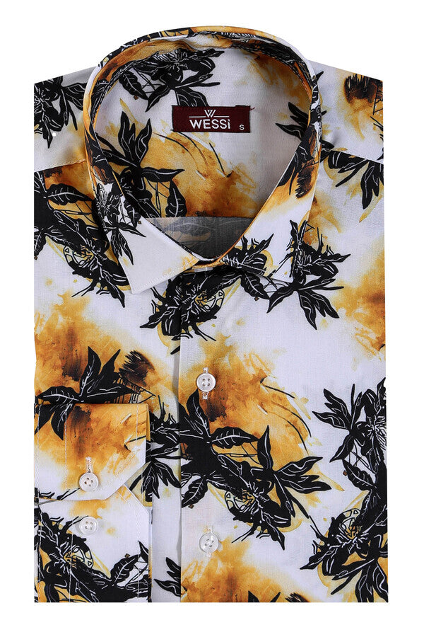 Yellow Black Leaf Patterned Long Sleeves White Men Shirt - Wessi