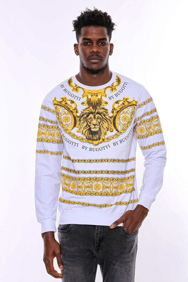 Yellow Lion Patterned Slim Fit White Sweatshirt - Wessi