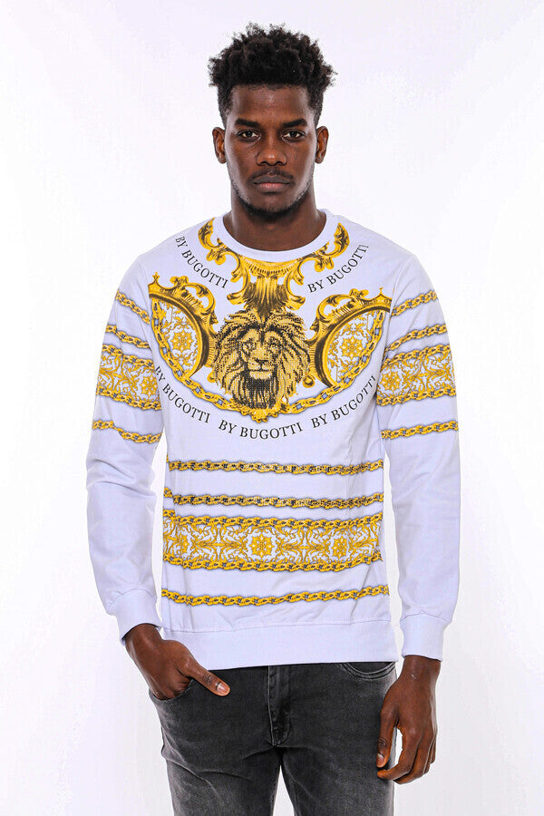 Yellow Lion Patterned Slim Fit White Sweatshirt - Wessi