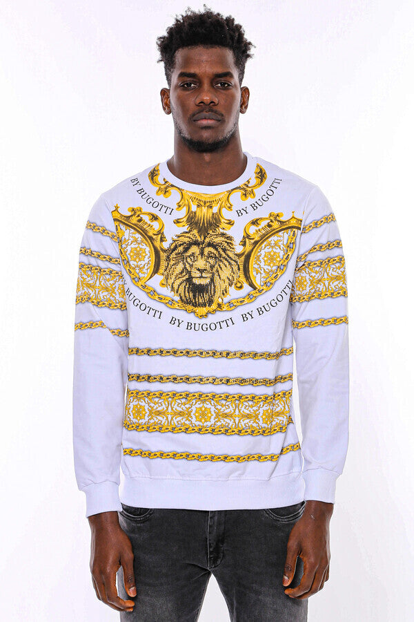 Yellow Lion Patterned Slim Fit White Sweatshirt - Wessi