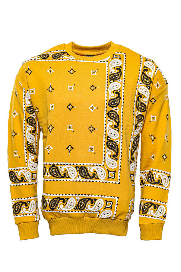 Yellow Patterned Crew Neck Sweater - Wessi