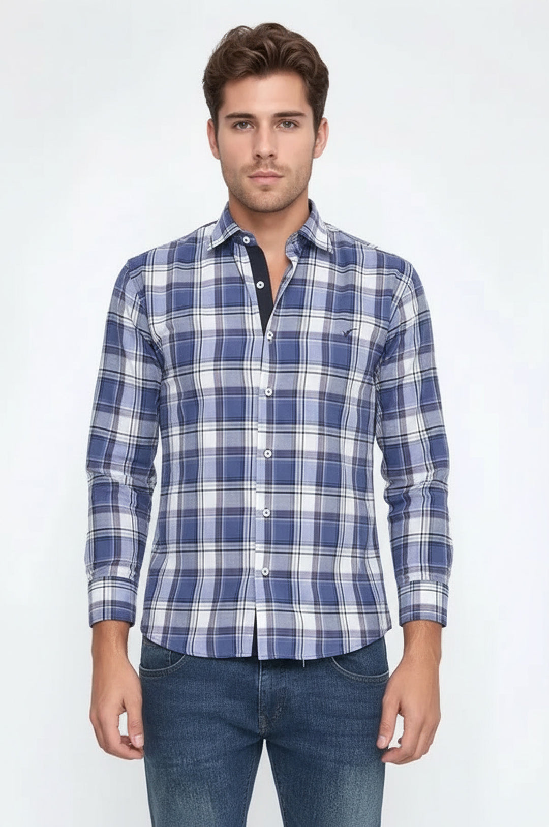 Slim Fit Plaid Patterned Navy Blue Shirt - Wessi