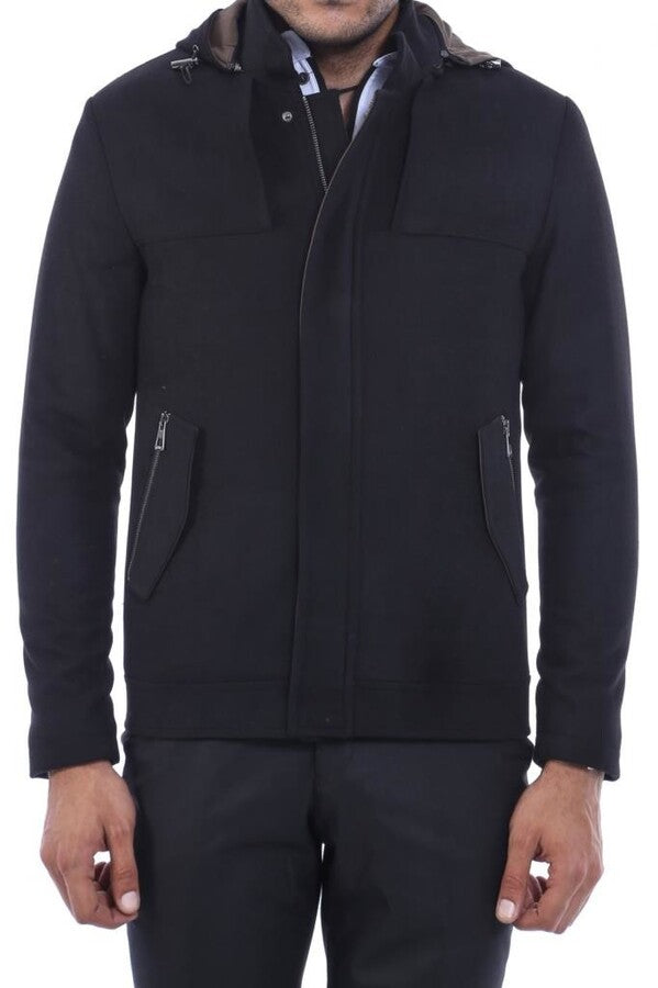 Zippered Sleeve Hooded Black Men Coat - Wessi