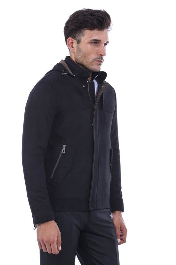 Zippered Sleeve Hooded Black Men Coat - Wessi