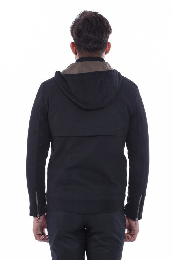 Zippered Sleeve Hooded Black Men Coat - Wessi