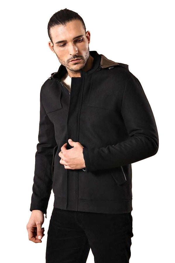 Zippered Sleeve Hooded Black Men Coat - Wessi