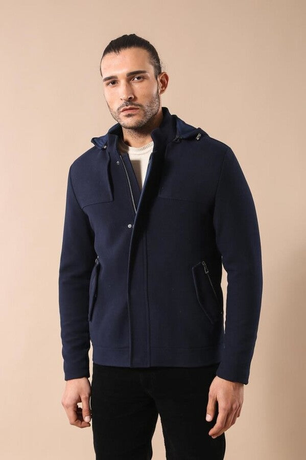 Zippered Sleeve Hooded Blue Men Coat - Wessi