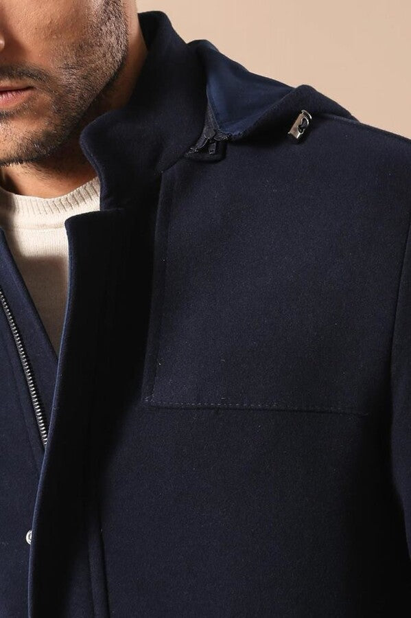 Zippered Sleeve Hooded Blue Men Coat - Wessi