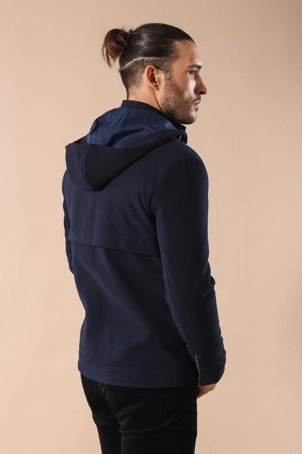 Zippered Sleeve Hooded Blue Men Coat - Wessi