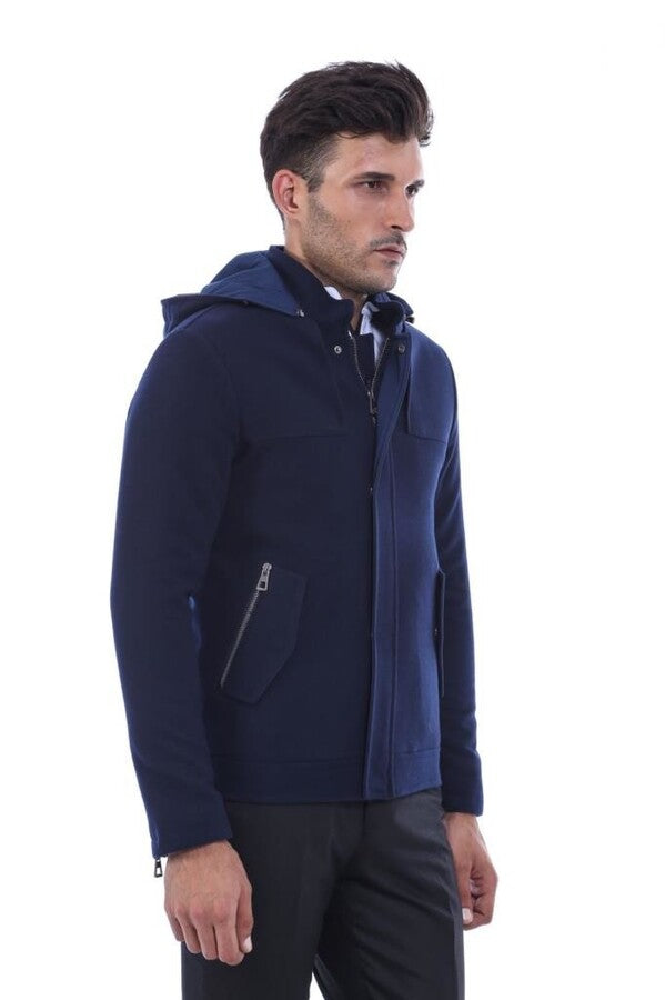 Zippered Sleeve Hooded Blue Men Coat - Wessi