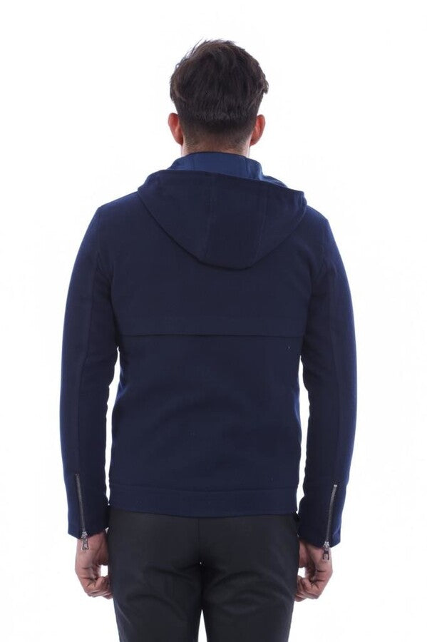 Zippered Sleeve Hooded Blue Men Coat - Wessi