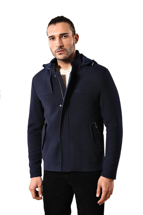 Zippered Sleeve Hooded Blue Men Coat - Wessi